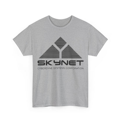 Front view of Skynet Cyberdyne Systems - Terminator Retro Logo Graphic Tee in grey, displaying the renowned Skynet logo with a fashionable twist.