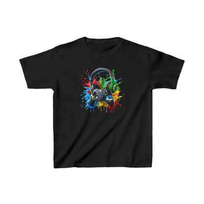Unisex Children's Gaming Graphic Cotton Tee showcasing a vibrant gaming controller and headphones design, perfect for young gamers. Available in black.