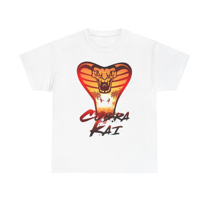 Elegant Cobra Kai graphic t-shirt featuring a bold snake design in vibrant sunset hues, embodying martial arts spirit.