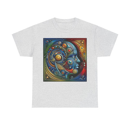 Stained Glass Dreams Unisex T-Shirt in grey, featuring a captivating abstract art design that intertwines human emotion and mechanical elements.