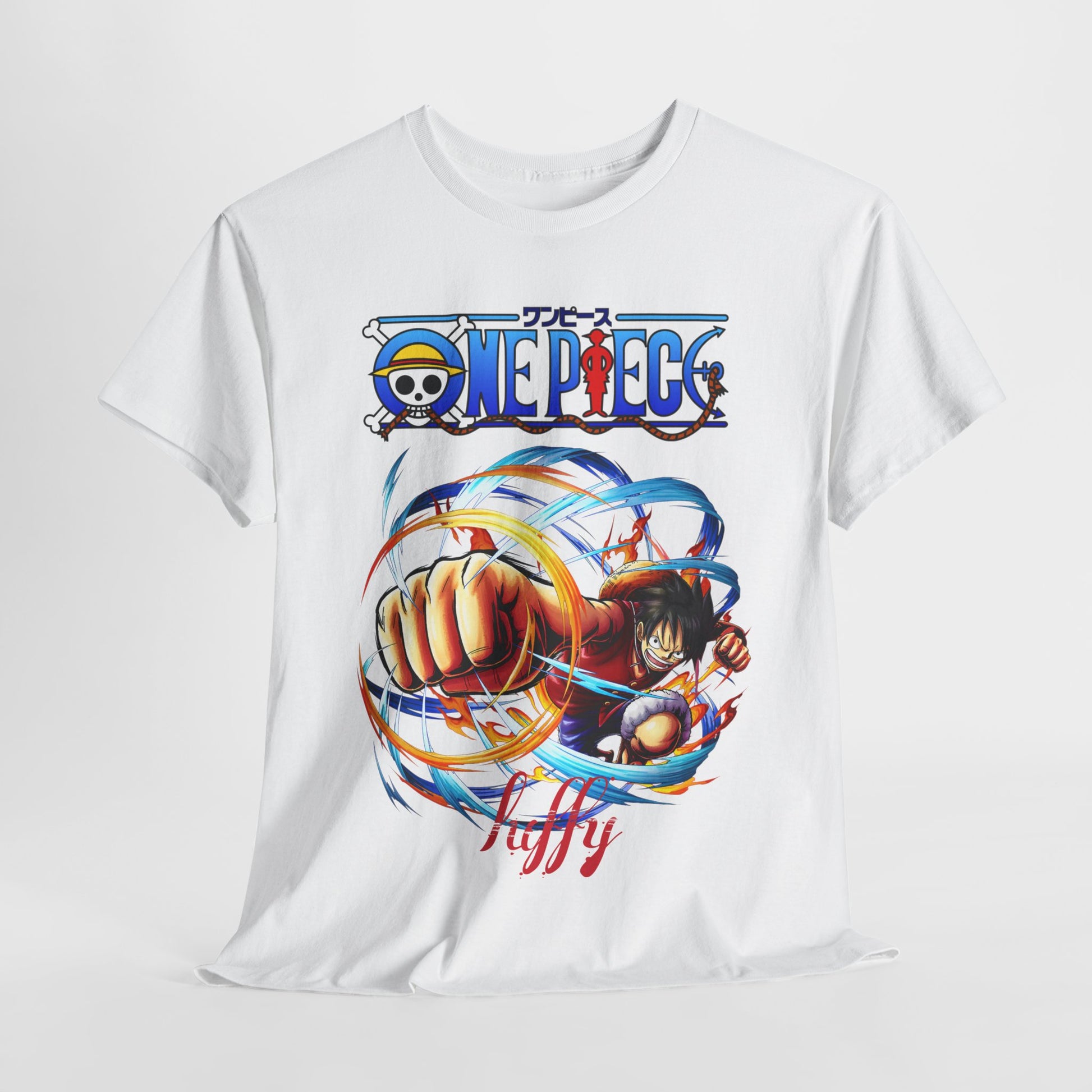 Luxurious men's t-shirt featuring a vibrant anime graphic of Luffy from One Piece, showcasing dynamic colours and a striking design, suitable for adventure enthusiasts.