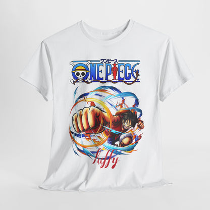 Luxurious men's t-shirt featuring a vibrant anime graphic of Luffy from One Piece, showcasing dynamic colours and a striking design, suitable for adventure enthusiasts.
