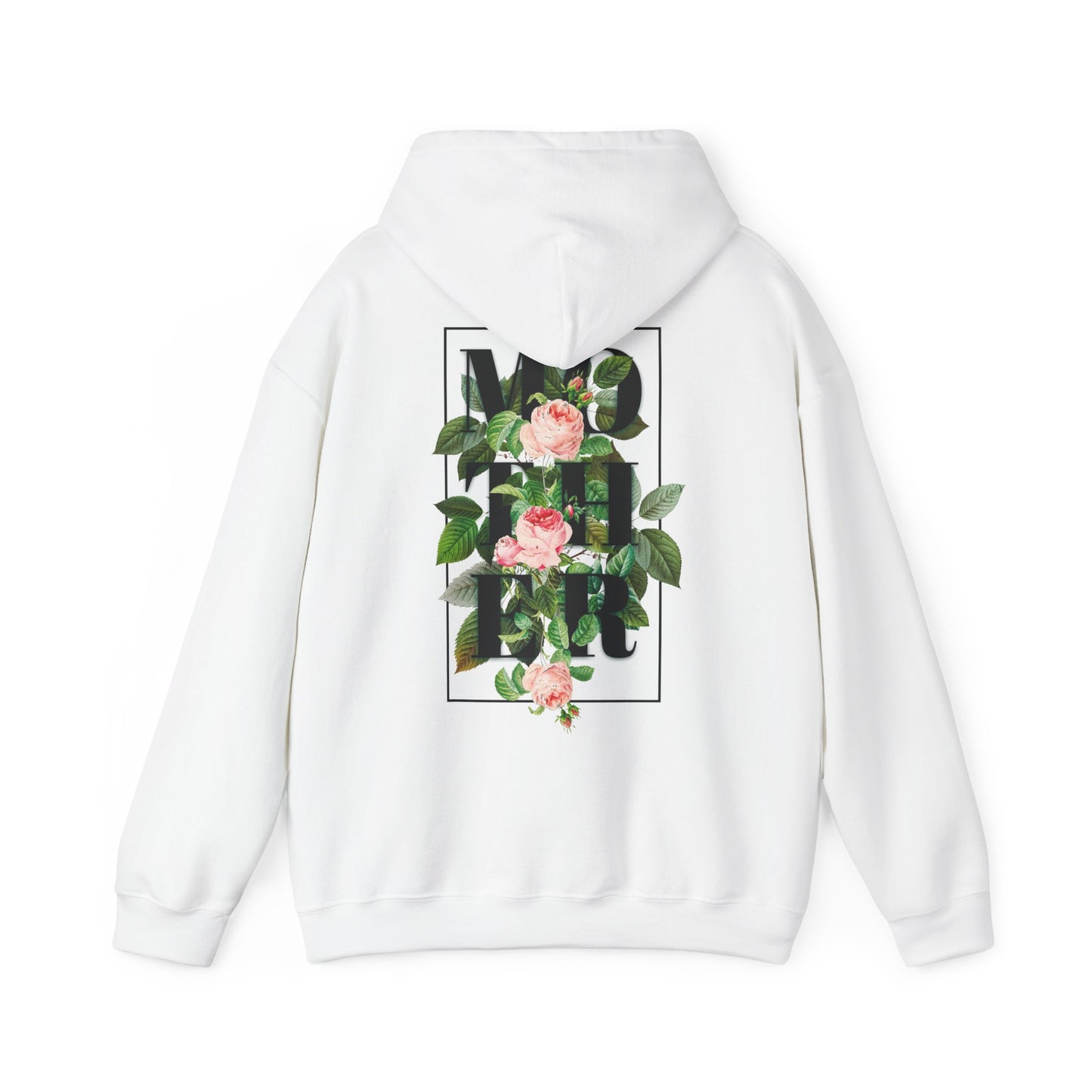 Elegant white hoodie featuring a bold floral back print, showcasing the word 'MOTHER' embellished with pink roses and lush green leaves in a sophisticated design.