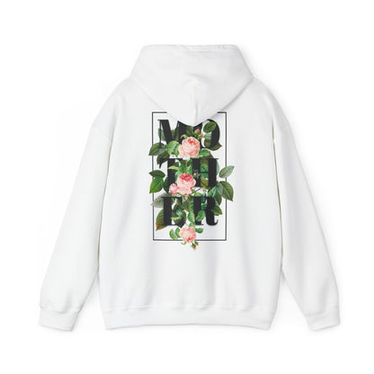 Elegant white hoodie featuring a bold floral back print, showcasing the word 'MOTHER' embellished with pink roses and lush green leaves in a sophisticated design.