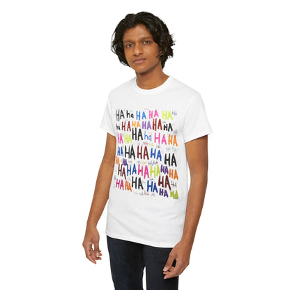 Vibrant HAHA Graphic Unisex T-Shirt modelled by a stylish individual, showcasing a dynamic front design filled with vibrant colours and the word 'HAHA'.