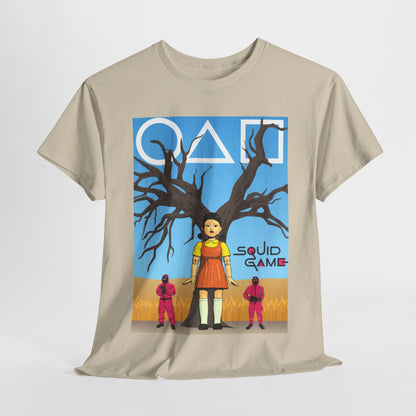 Luxurious unisex Squid Game graphic tee featuring an iconic artistic design on a soft beige backdrop, perfect for adding a stylish statement to casual wear.