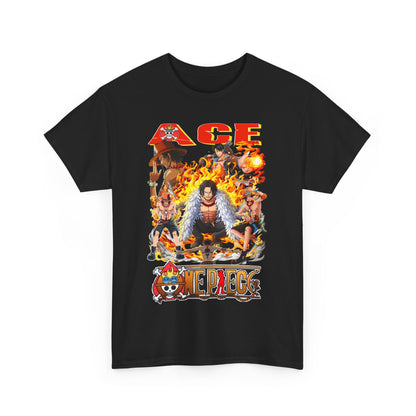 Premium black t-shirt highlighted with a striking Ace graphic from One Piece, adorned with vivid flames and fan-favourite characters, ideal for fashionable anime lovers.