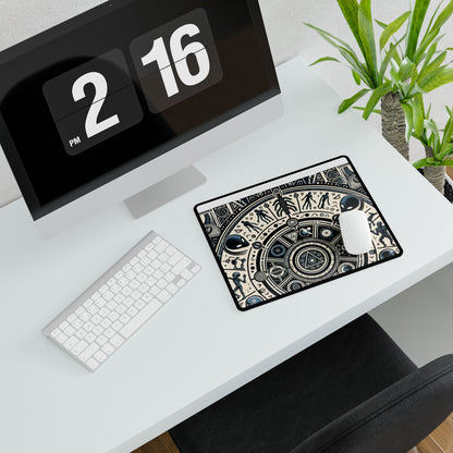 Cosmic Hieroglyphic Tranquility Mat - Desk: Elegant cosmic-themed desk mat displayed on a modern workspace, highlighting its artistic design and premium quality.
