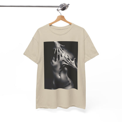 Artisan-crafted graphic tee elegantly showcased on a hanger, featuring a monochromatic design of hands on a subtle nude form, capturing the essence of luxury and creativity.