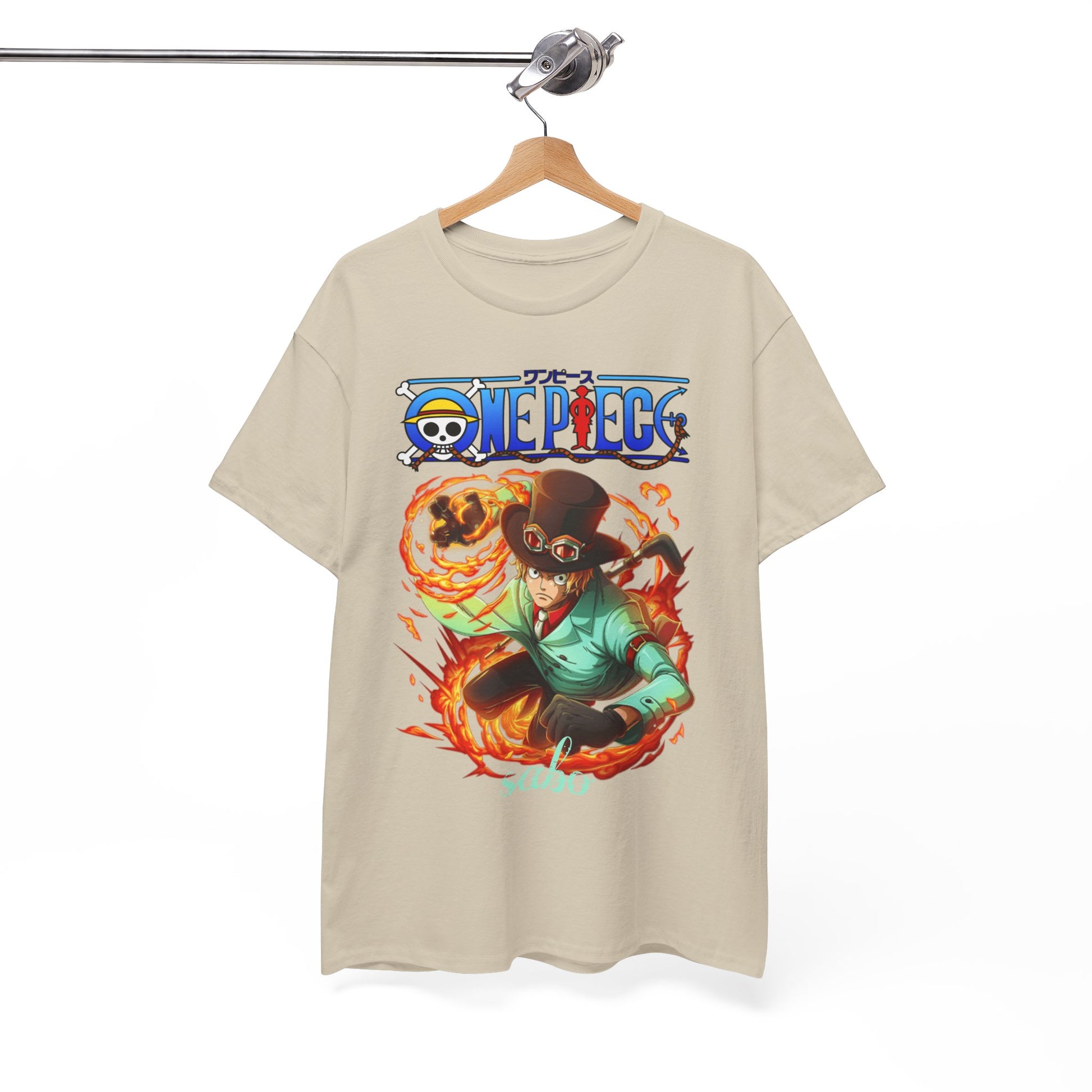 Men's t-shirt elegantly showcased on a hanger, featuring the impressive Sabo from One Piece design, radiating luxury and character through its fiery theme.