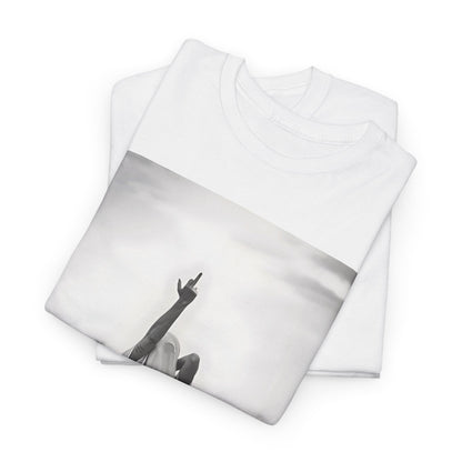 Middle Finger Girl Graphic T-Shirt featuring a captivating monochrome image of a woman in tranquil waters, symbolising defiance and strength. Urban unisex cotton tee for a comfortable fit.