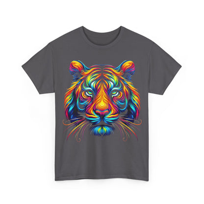 Tiger's Whimsy Graphic Tee in grey displaying an intricate multicolour tiger design, exemplifying bold artistry and trendy style.