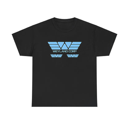 Weyland Corporation Retro Logo Graphic Tee Unisex in black, featuring a bold sky blue logo design, perfect for fans of iconic sci-fi fashion.