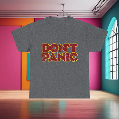 Elegant Don't Panic Hitch Hikers Guide Graphic T-Shirt in dark grey, showcasing a stylish geek-inspired design.