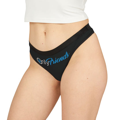 Luxurious women's black thong panties featuring the playful 'Only Friends' logo in stylish font, showcasing a blend of chic design and comfort.