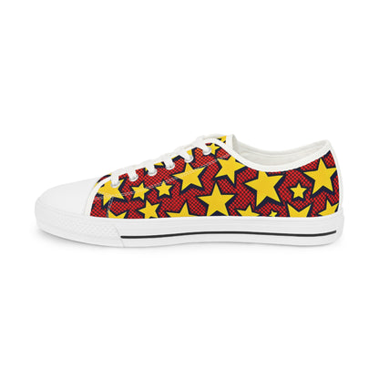 Electra BoltPattern - Men's Lowtop Sneakers presented from a side view, accentuating premium craftsmanship with an artistic design of yellow stars against a red backdrop, perfect for elevating your style.
