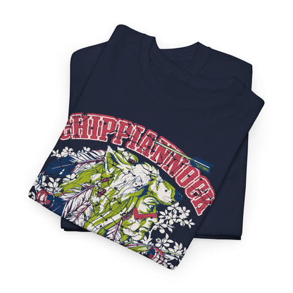 Luxurious navy graphic t-shirt featuring a striking wolf headdress and vibrant warrior imagery, showcasing cultural heritage in exquisite detail.