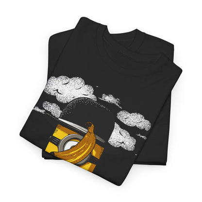 Minion of Man Parody Unisex Men's Women's Graphic T-Shirt Tee displayed in black, featuring a whimsical design with a cheeky yellow Minion character, a banana, and a classy bowler hat. Ideal for casual wear, this funny Minion-themed T-Shirt adds a playful touch to your wardrobe.