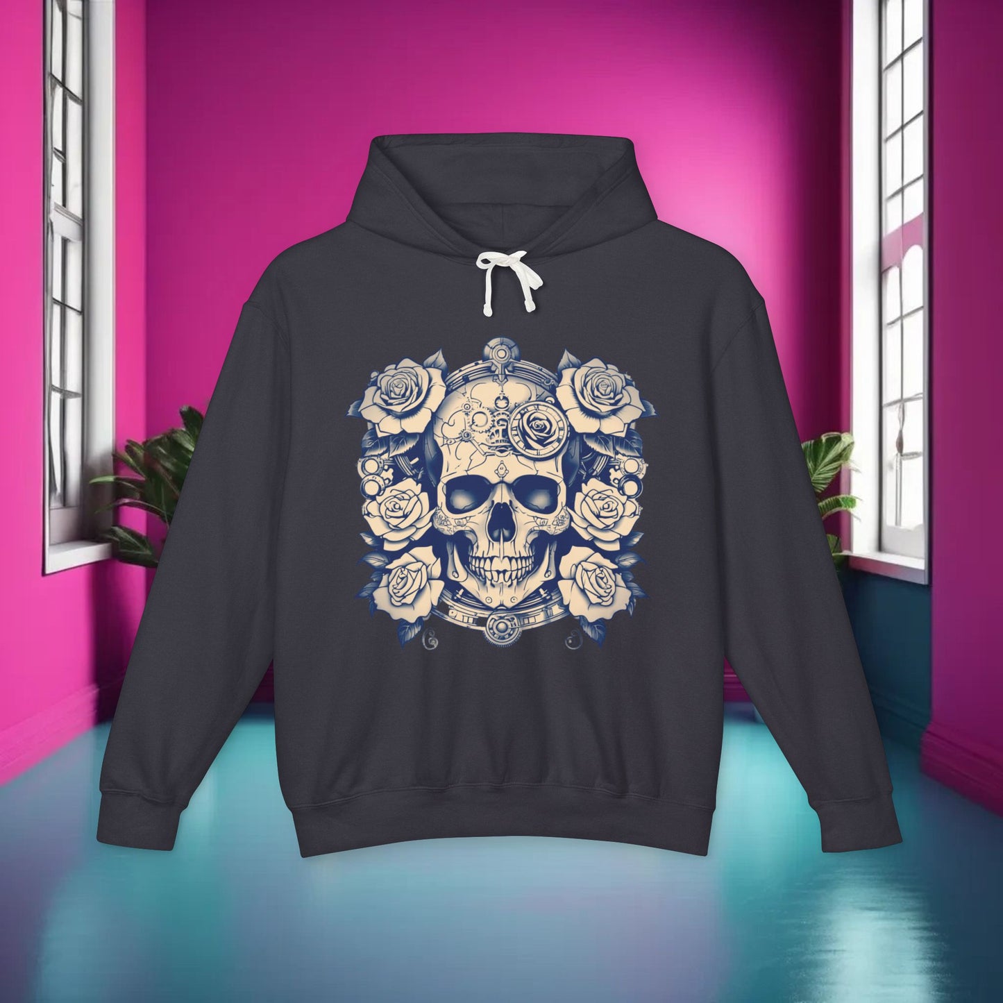 Steampunk Skull and Roses Lightweight Hoodie, Unisex Edgy Designer Sweatshirt