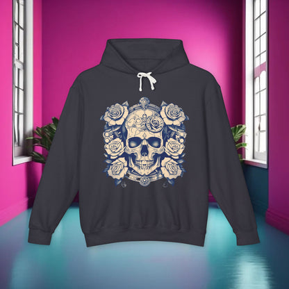 Steampunk Skull and Roses Lightweight Hoodie in charcoal grey against a vibrant pink backdrop, showcasing its striking design. A luxurious unisex edgy designer sweatshirt for bold individuals.
