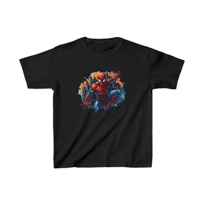 Child's Unleash Your Inner Hero: Spider-Man Unisex Graphic Tee Shirt Kids in classic comic book style with vibrant colours on a black background, featuring Spider-Man in an action pose amidst a stylised cityscape.