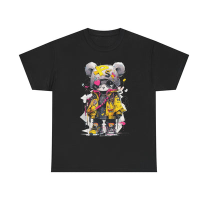 Elegant black graphic t-shirt highlighting a fashionable panda bear in a bold urban outfit, complete with a bomber jacket and chic accessories, designed with artistic flair on a minimalist backdrop.