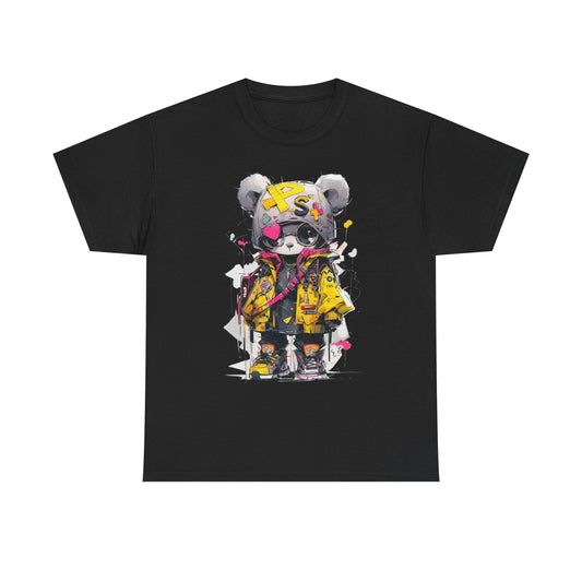 Elegant black graphic t-shirt highlighting a fashionable panda bear in a bold urban outfit, complete with a bomber jacket and chic accessories, designed with artistic flair on a minimalist backdrop.