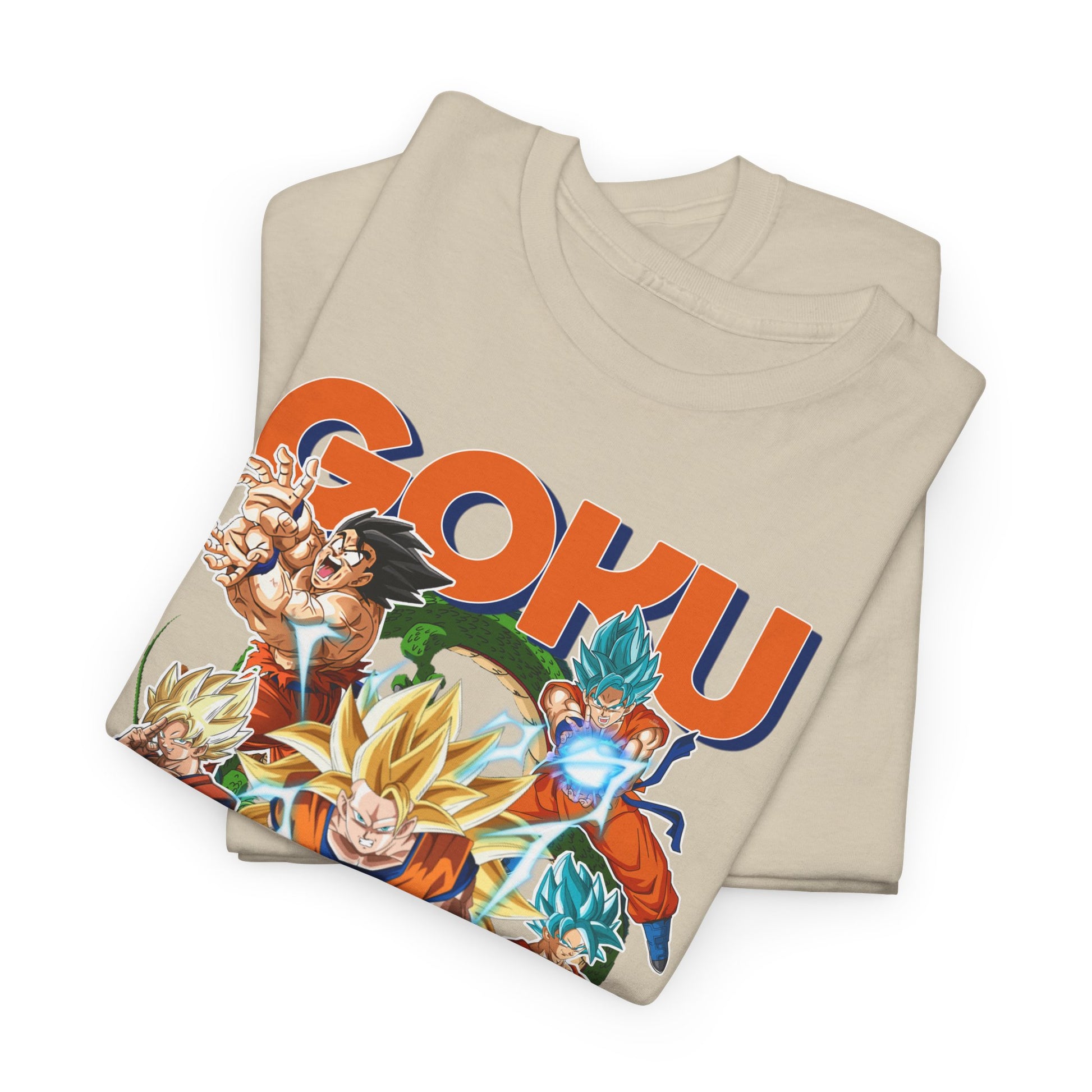 Folded luxurious Goku Power Surge T-shirt in a soft beige shade, highlighting its high-quality fabric and striking Dragon Ball Z design, perfect for stylish fans.