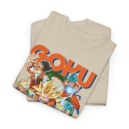 Folded luxurious Goku Power Surge T-shirt in a soft beige shade, highlighting its high-quality fabric and striking Dragon Ball Z design, perfect for stylish fans.