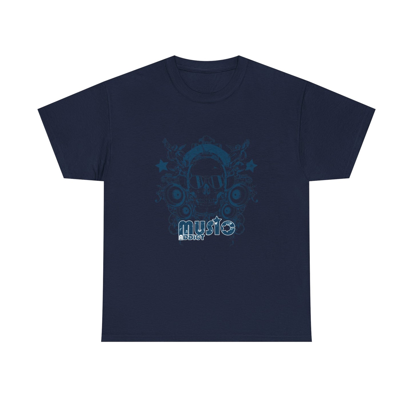 Sophisticated Music Addict Skull T-Shirt in navy, featuring a bold graphic of a skull with headphones, combining vintage charm with modern style for music aficionados.