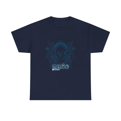 Sophisticated Music Addict Skull T-Shirt in navy, featuring a bold graphic of a skull with headphones, combining vintage charm with modern style for music aficionados.