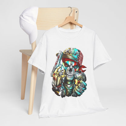 Men's trendy t-shirt draped elegantly on a wooden chair, showcasing a detailed skull graphic with accessories, appealing to a contemporary fashion sense.