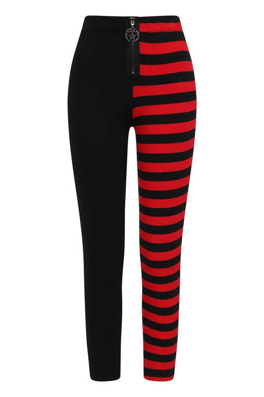 Elegant high-waisted red and black striped leggings featuring a moon phases zip pull, perfect for stylish autumn fashion.