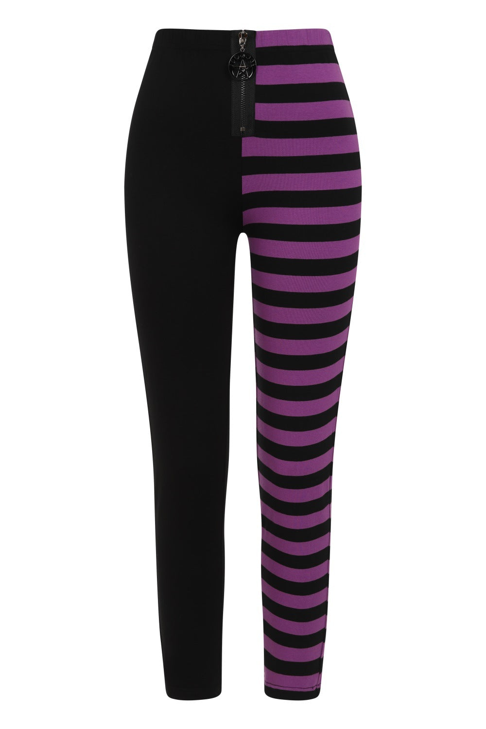 Luxury Banned Purple Half Black Half Stripes Leggings featuring moon phases zip pull, designed for comfort and style, perfect for Halloween and beyond.