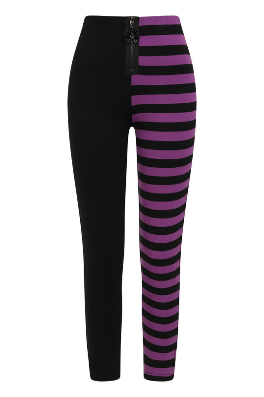 Luxury Banned Purple Half Black Half Stripes Leggings featuring moon phases zip pull, designed for comfort and style, perfect for Halloween and beyond.