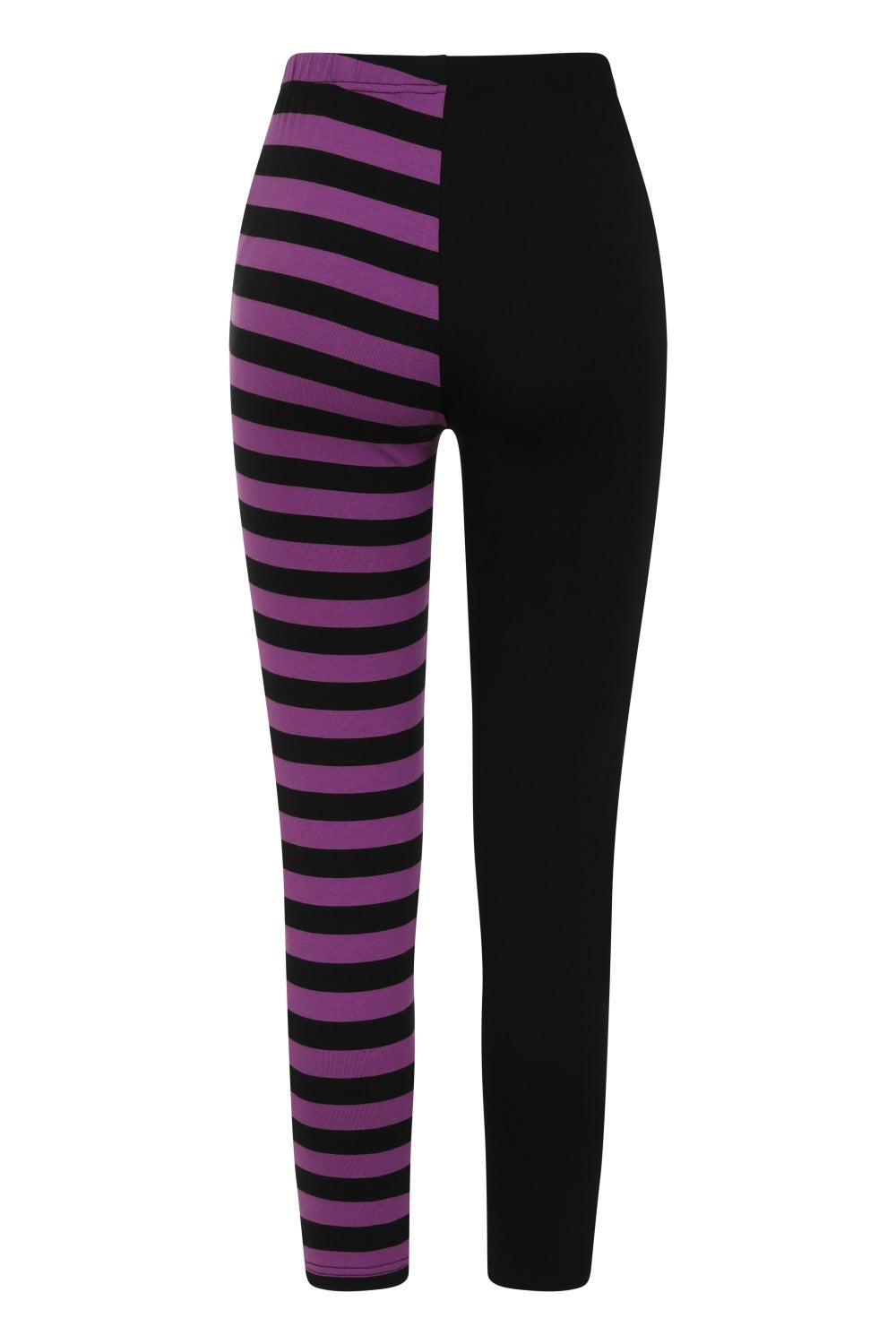 Elegant Banned Purple Half Black Half Stripes Leggings featuring moon phases zip pull detail, epitomizing comfort and style for Halloween fashion.