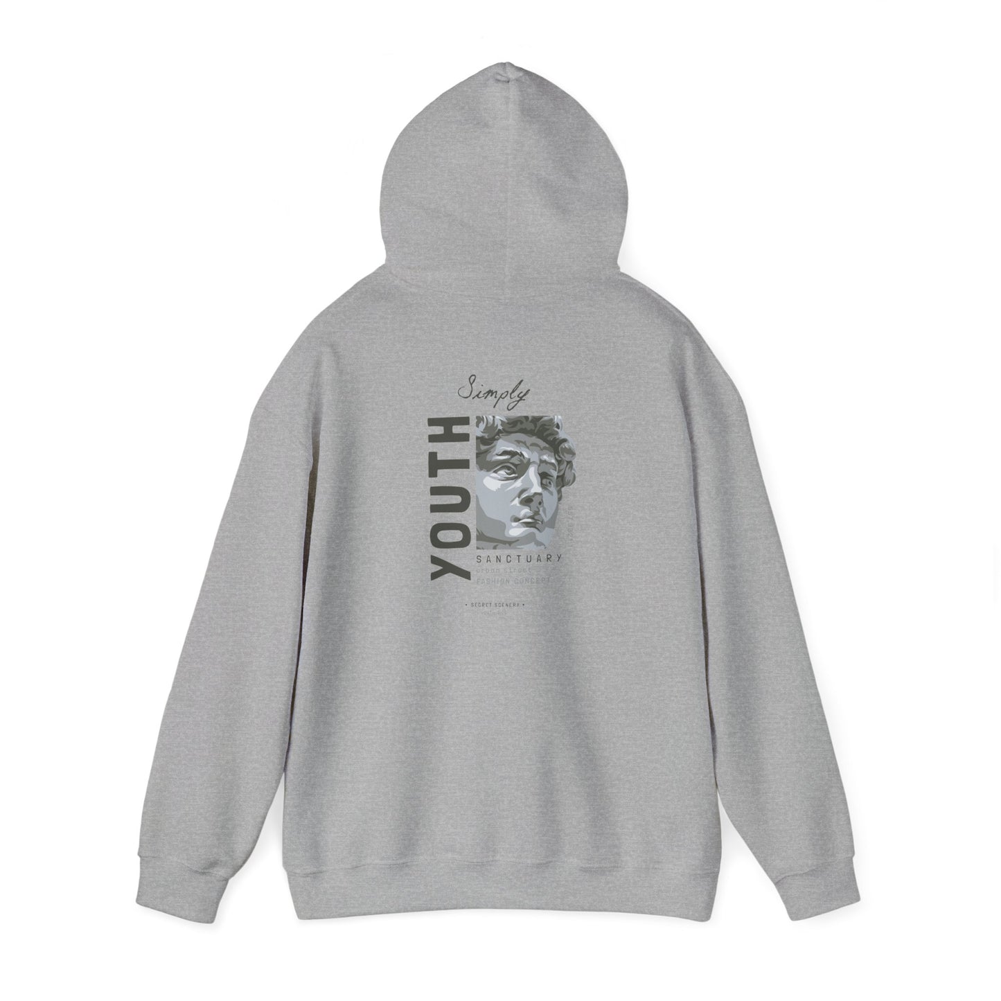 Premium grey Urban Sanctuary hoodie showcasing the word 'YOUTH' in striking typography, elegantly accompanied by the phrase 'Simply' and a sculpted bust design, embodying chic street style.