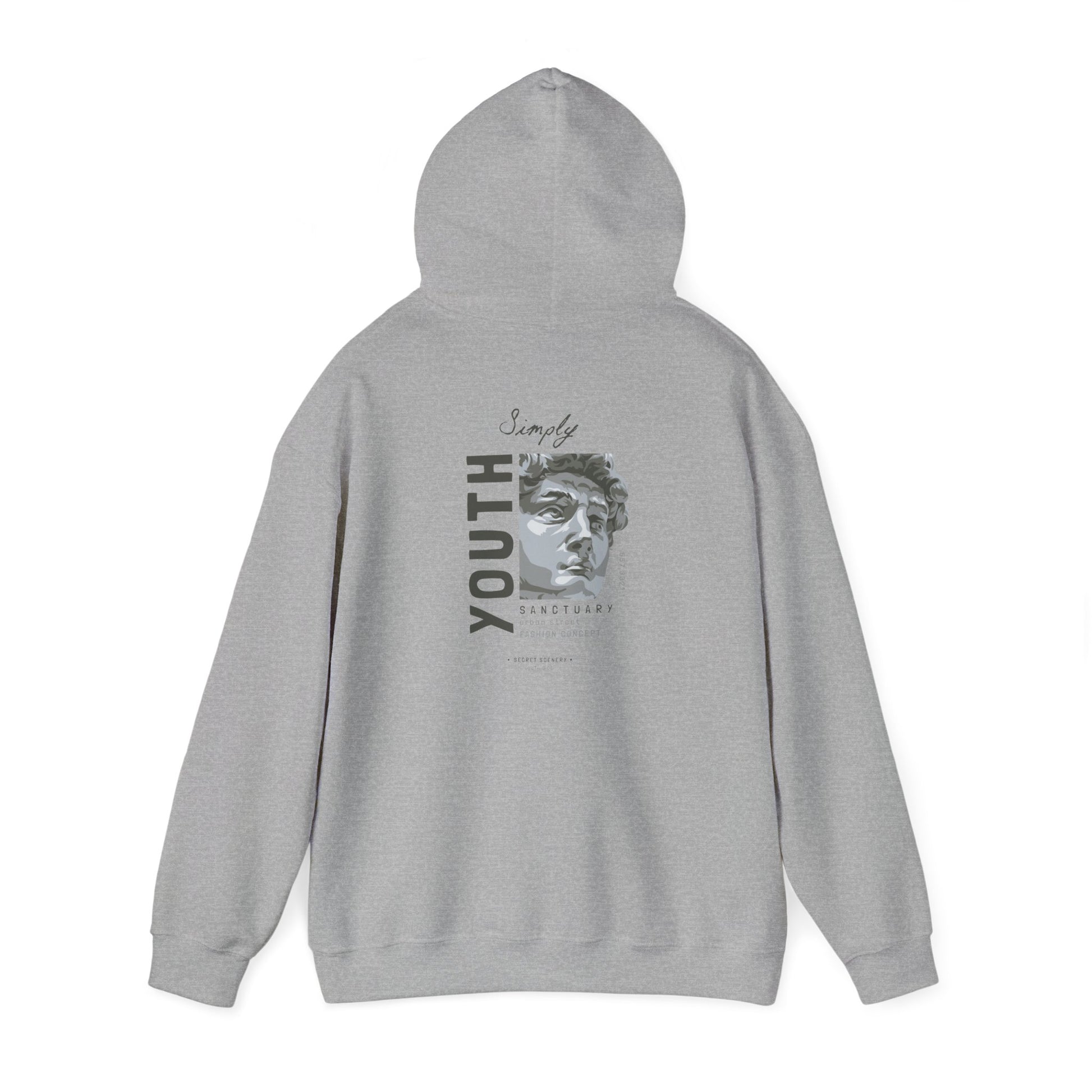 Premium grey Urban Sanctuary hoodie showcasing the word 'YOUTH' in striking typography, elegantly accompanied by the phrase 'Simply' and a sculpted bust design, embodying chic street style.