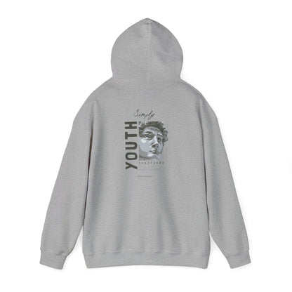 Premium grey Urban Sanctuary hoodie showcasing the word 'YOUTH' in striking typography, elegantly accompanied by the phrase 'Simply' and a sculpted bust design, embodying chic street style.