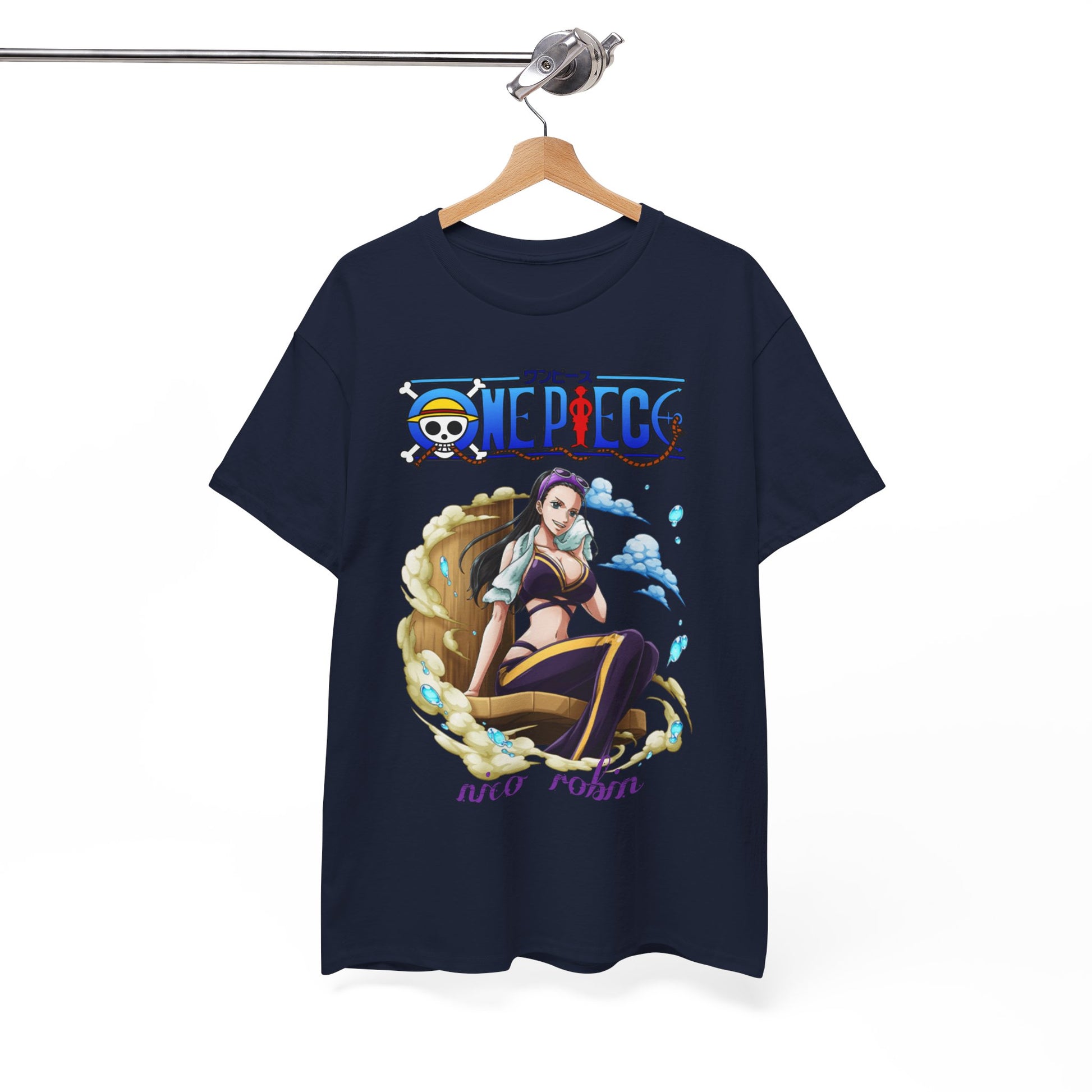 Stylish navy blue men's t-shirt with an artistic print of Nico Robin from One Piece, hanging elegantly on a wooden hanger.