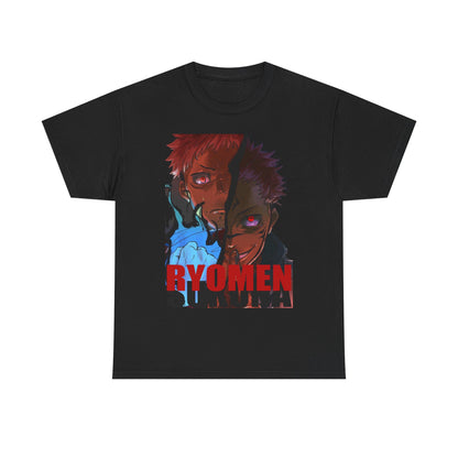 Elegant Ryomen Sukuna anime t-shirt in black, showcasing captivating graphic illustration of two fierce characters, perfect for anime enthusiasts.