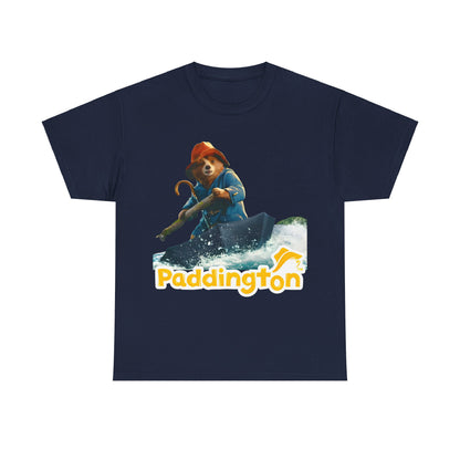 Premium Paddington Bear in Peru Graphic Unisex T-Shirt in classic navy, elegantly depicting Paddington on a dark-blue vessel amidst enchanted waves, perfect for casual luxury.
