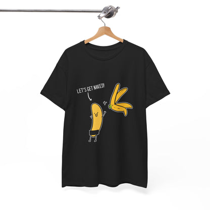 Stylish black t-shirt hanging on a wooden hanger, adorned with a witty cartoon banana graphic and the slogan 'LET'S GET NAKED!' perfect for casual chic wear.
