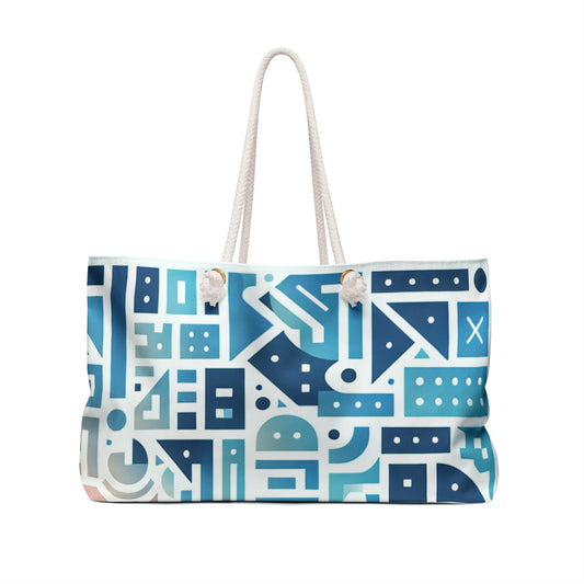 Close-up of the Elara Sinclair Pastel Blue Weekender Tote Bag, highlighting the irregular silhouette-like patterns and durable rope handles perfect for chic travel.