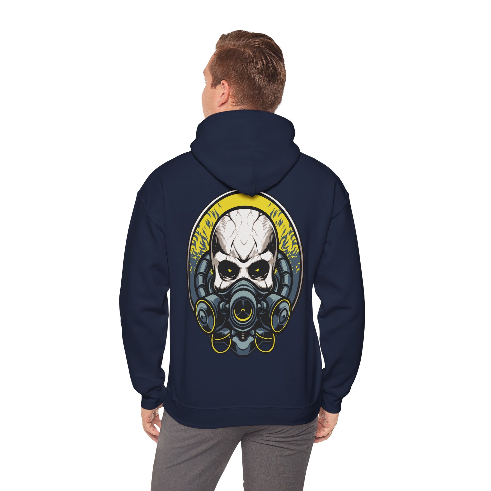 Stylish steampunk skull hoodie featuring a striking gas mask design with bold golden accents, showcased on a model from the back, perfect for adding a fierce aesthetic to luxury streetwear.