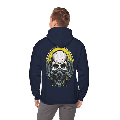 Stylish steampunk skull hoodie featuring a striking gas mask design with bold golden accents, showcased on a model from the back, perfect for adding a fierce aesthetic to luxury streetwear.