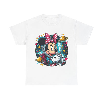Blast Off with Minnie Mouse Unisex Graphic Tee Shirt displaying a playful astronaut Minnie Mouse graphic on a pristine white background, designed for comfort.