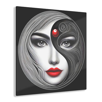 Yin-Yang Acrylic Print - Artful Expressions, 12-Inch Abstract Wall Art with Floating Effect showcasing a beautifully stylized close-up of a woman’s face, framed by flowing black and white lines in a mesmerizing yin-yang design.
