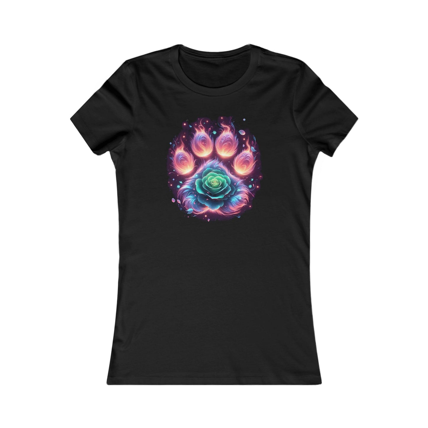 Elevate your style with the Mystical Paw Print Women's Graphic Cotton Tee, featuring a captivating rose design and cosmic background, perfect for lovers of unique, enchanting fashion.
