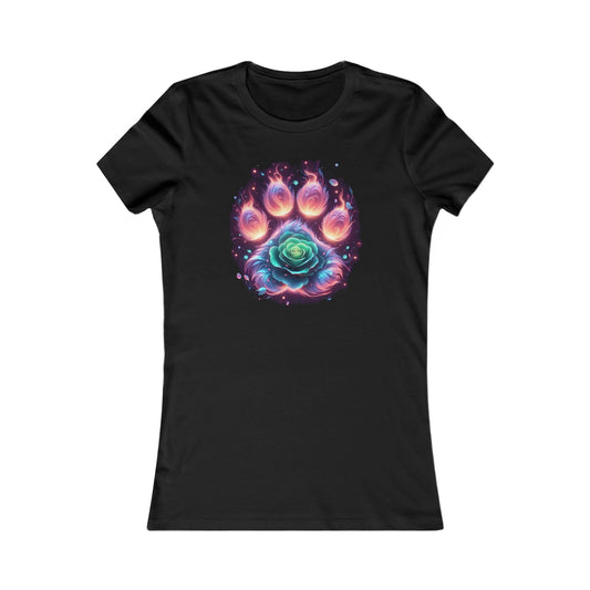 Elevate your style with the Mystical Paw Print Women's Graphic Cotton Tee, featuring a captivating rose design and cosmic background, perfect for lovers of unique, enchanting fashion.